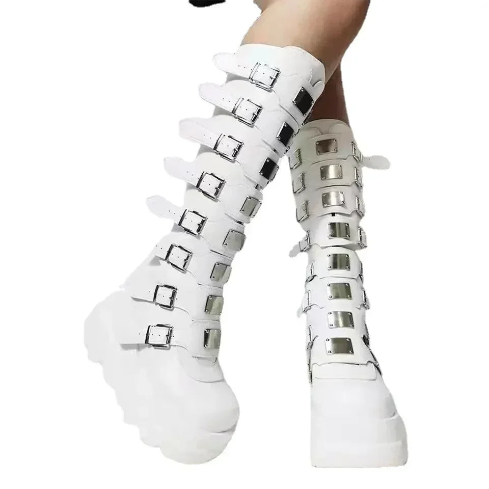 Visual Kei White Platform Knee-High Buckle Strap Boots Shoptery