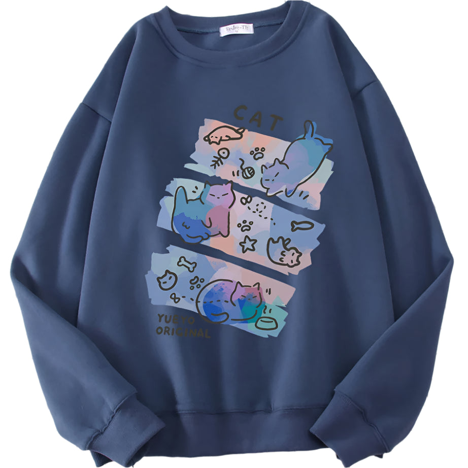 Pastel Meow Mix Kawaii Sweatshirt Haze Blue Shoptery