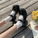 Jirai Kei Lace Frill Bow Heart-Buckle Platform Mary Jane Shoes balck Shoptery