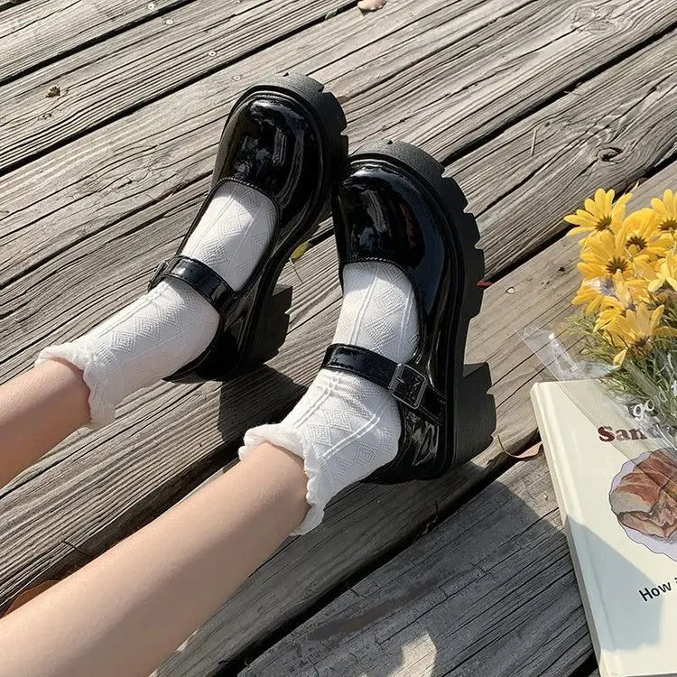 Jirai Kei Lace Frill Bow Heart-Buckle Platform Mary Jane Shoes balck Shoptery