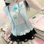 Fairy Kei Pastel Kawaii Cat Print Ruffle Hem Short Sleeve Top Shoptery