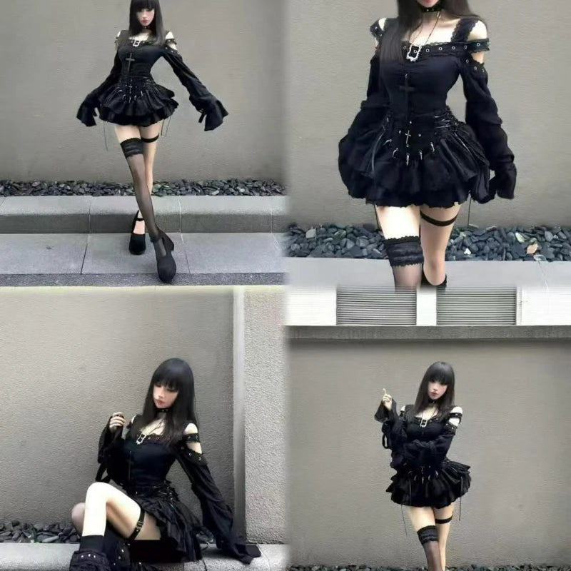 Jirai Kei Black Gothic Cross Lace Cold-Shoulder Mini Dress Set Shoptery