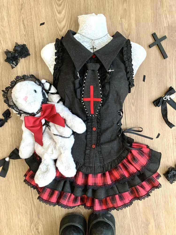 Jirai Kei Dark Cross Ruffle Tiered Plaid Skirt & Top Two-Piece Set Shoptery