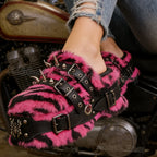 Visual Kei Pink Tiger Faux Fur Buckle Spike Mule Slides Shoptery