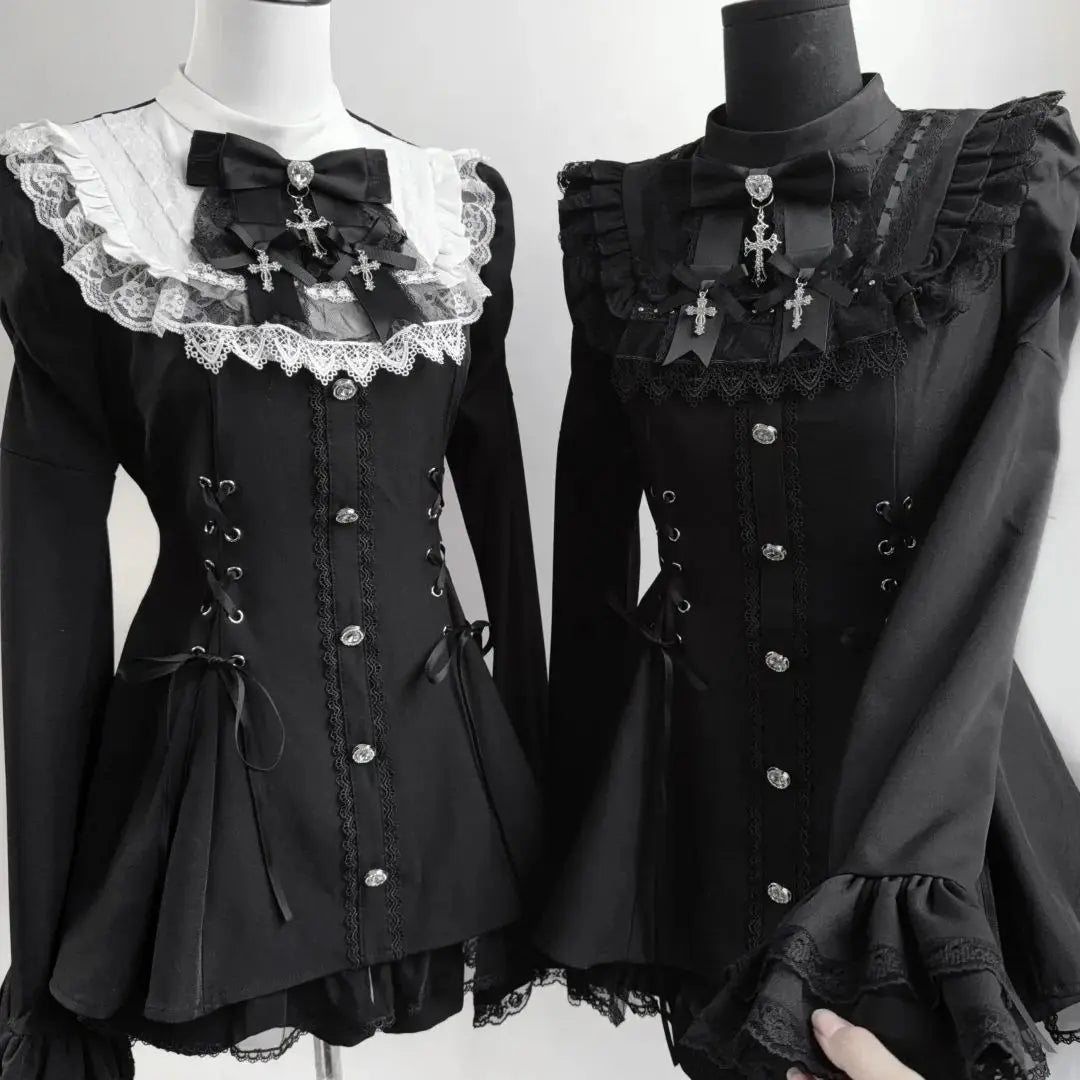 Jirai Kei Gothic Cross Lace Ruffle Blouse & Shorts Set Shoptery