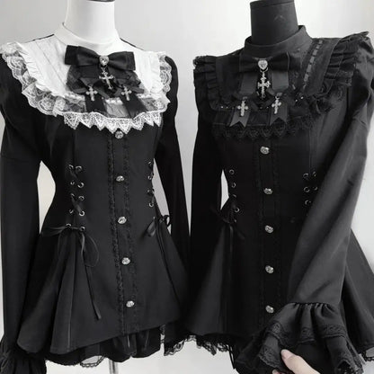 Jirai Kei Gothic Cross Lace Ruffle Blouse & Shorts Set Shoptery