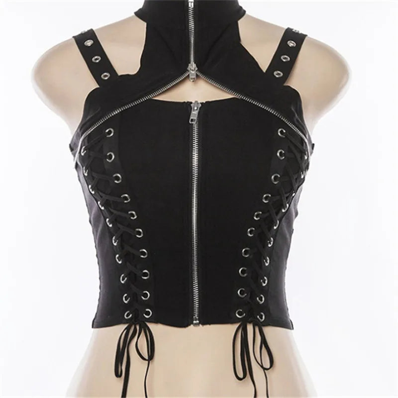 Visual Kei Cross Chain Zip Lace-Up Cutout Crop Tank Top Shoptery