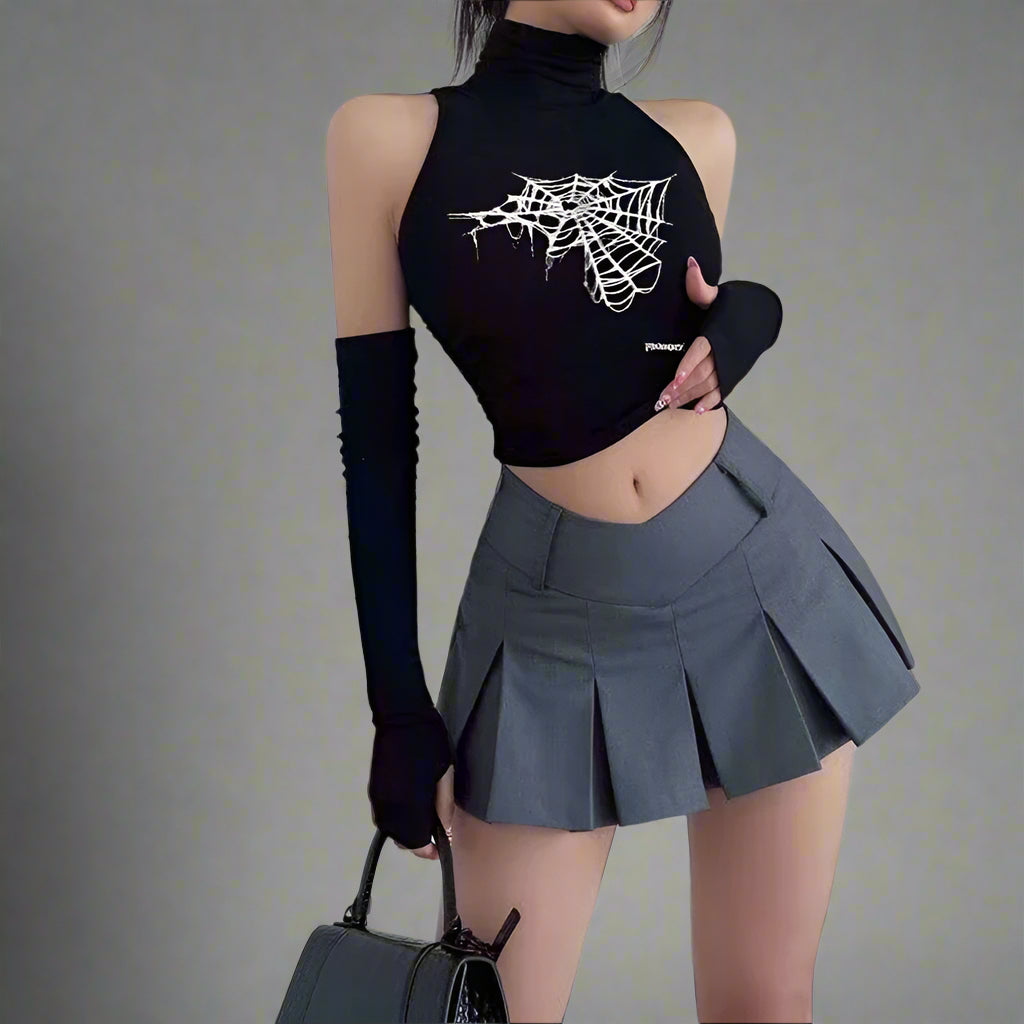 Spidercore Sleeveless Web Alt Crop Top Black Shoptery