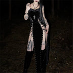 Visual Kei Black Velvet Cross Lace-Up Maxi Slip Dress Shoptery