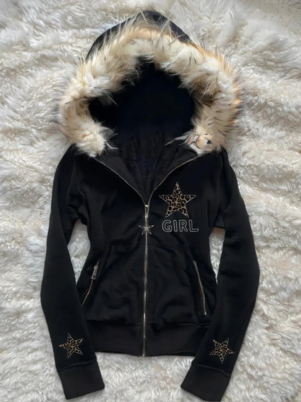 Star Power Leopard Fur Hoodie fleece-lined 1 Shoptery