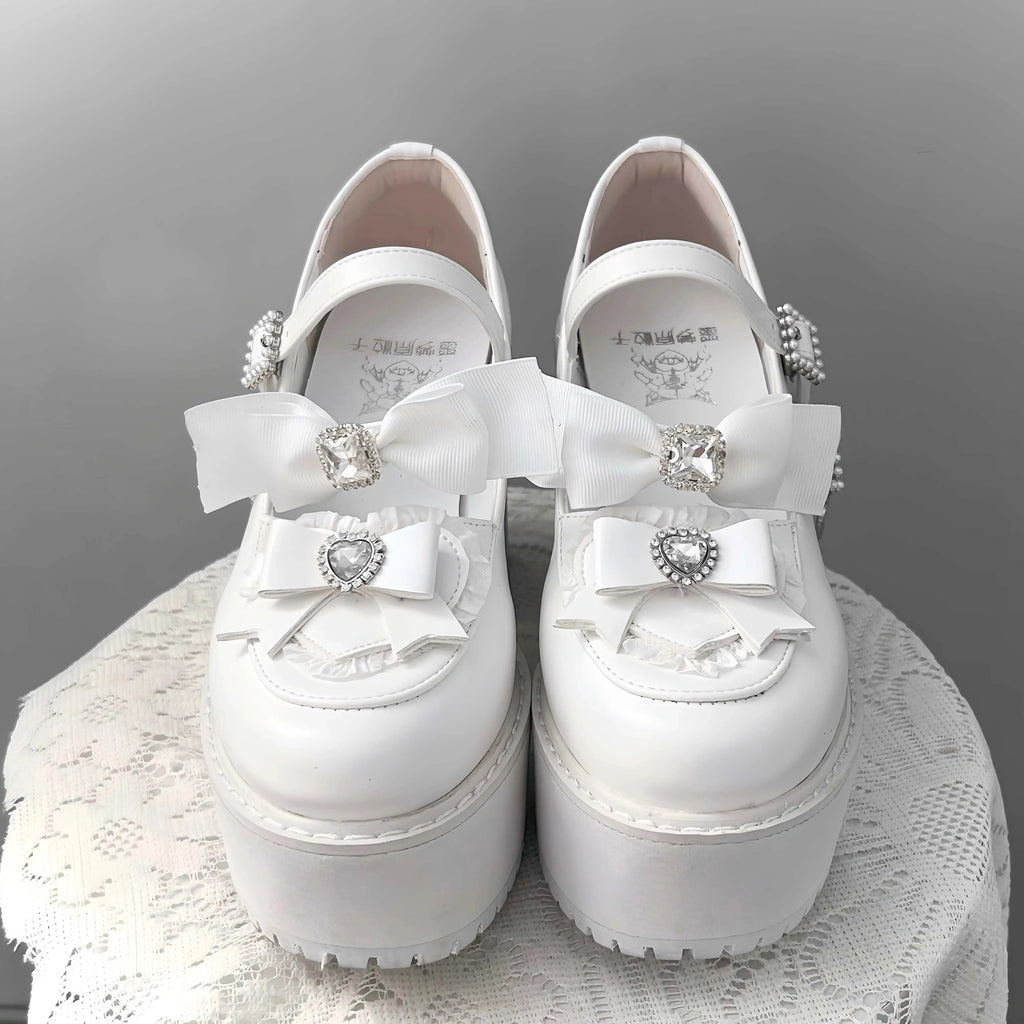 Jirai Kei Black Patent Platform Mary Janes with Rhinestone Bows WHITE Shoptery