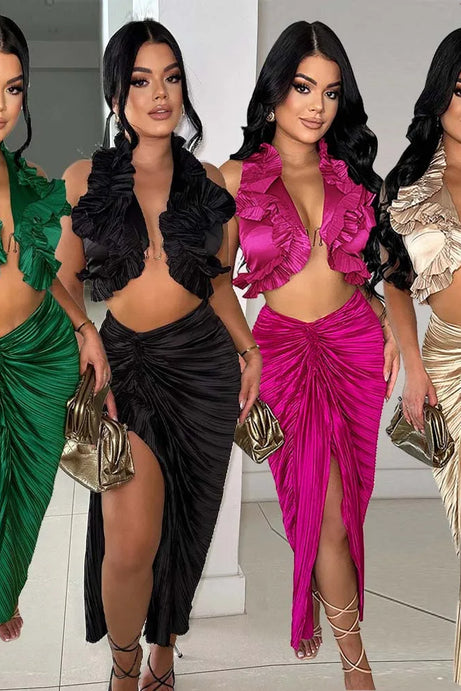 Pleated Ruffle 2 Piece Skirt Sets Long Elegant Luxury Dress 2024 Summer Clothes Beach Wear Club Outfit Two Piece Skirt Sets