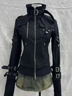 Visual Kei Multi-Buckle Black Bomber Jacket with Military Detail Shoptery