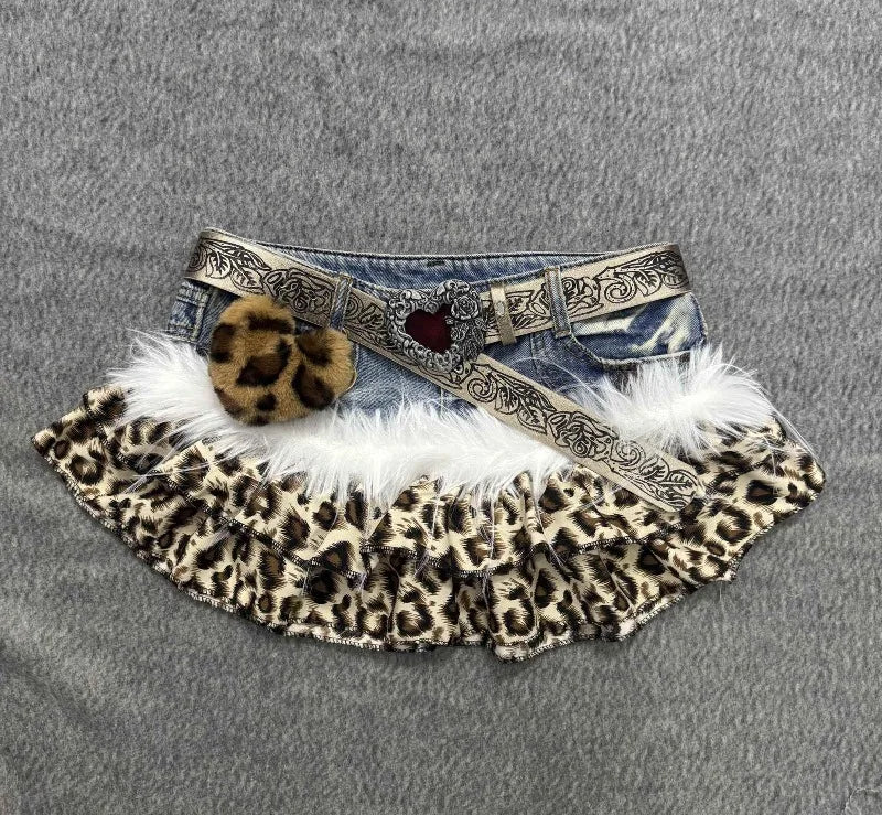 Gyaru Leopard Print Ruffle Denim Mini Skirt with Star Belt Skirt and Belt 2 Shoptery