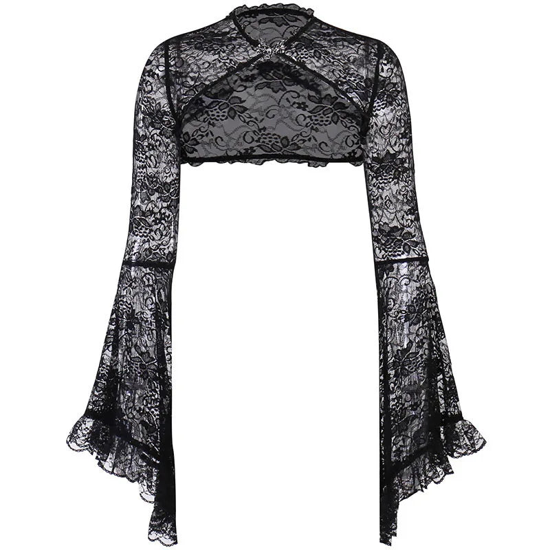 Visual Kei Black Brocade Corset Set with Lace Bell Sleeves & Floral Crown A001-22221 Shoptery