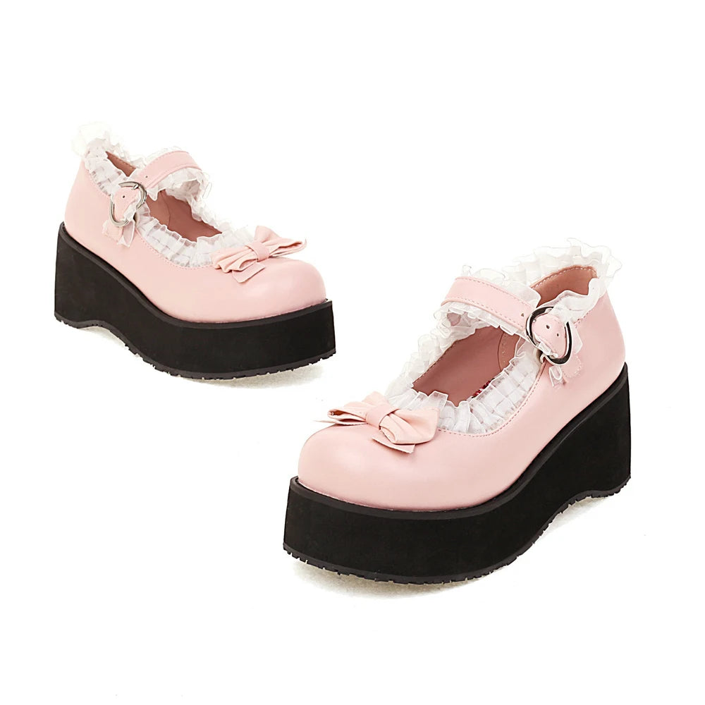 Jirai Kei Pink Lace Ruffle Bow Platform Mary Jane Shoes Sizes 31–48 Pink Shoptery