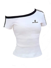 Aesthetic Off-Shoulder Sporty Stripe Top WHITE Shoptery