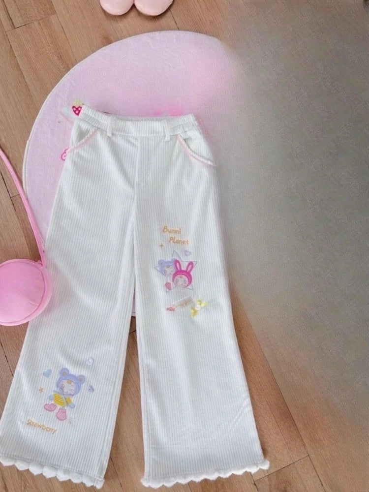Fairy Kei Bunni Planet Bicolor Wide Leg Embroidered Pants WHITE Shoptery