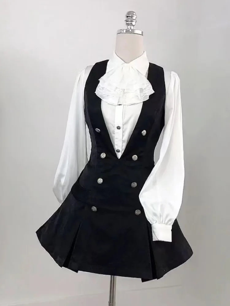 Jirai Kei Ruffle Blouse Black Vest & Lace Skirt 3-Piece Set Shoptery