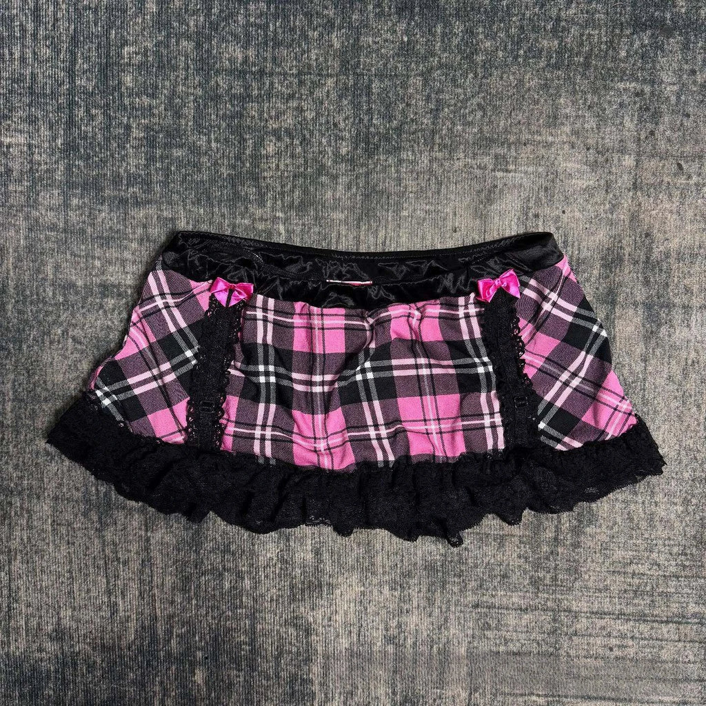 Jirai Kei Pink Tartan Plaid Satin Bow Lace Trim Cami Top Shoptery