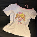 Decora Kawaii Cartoon Girl Polka Dot Off-Shoulder Tee Shoptery