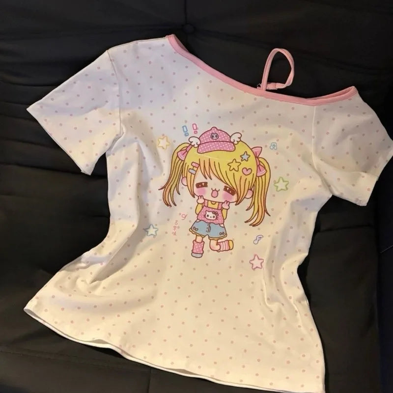 Decora Kawaii Cartoon Girl Polka Dot Off-Shoulder Tee Shoptery