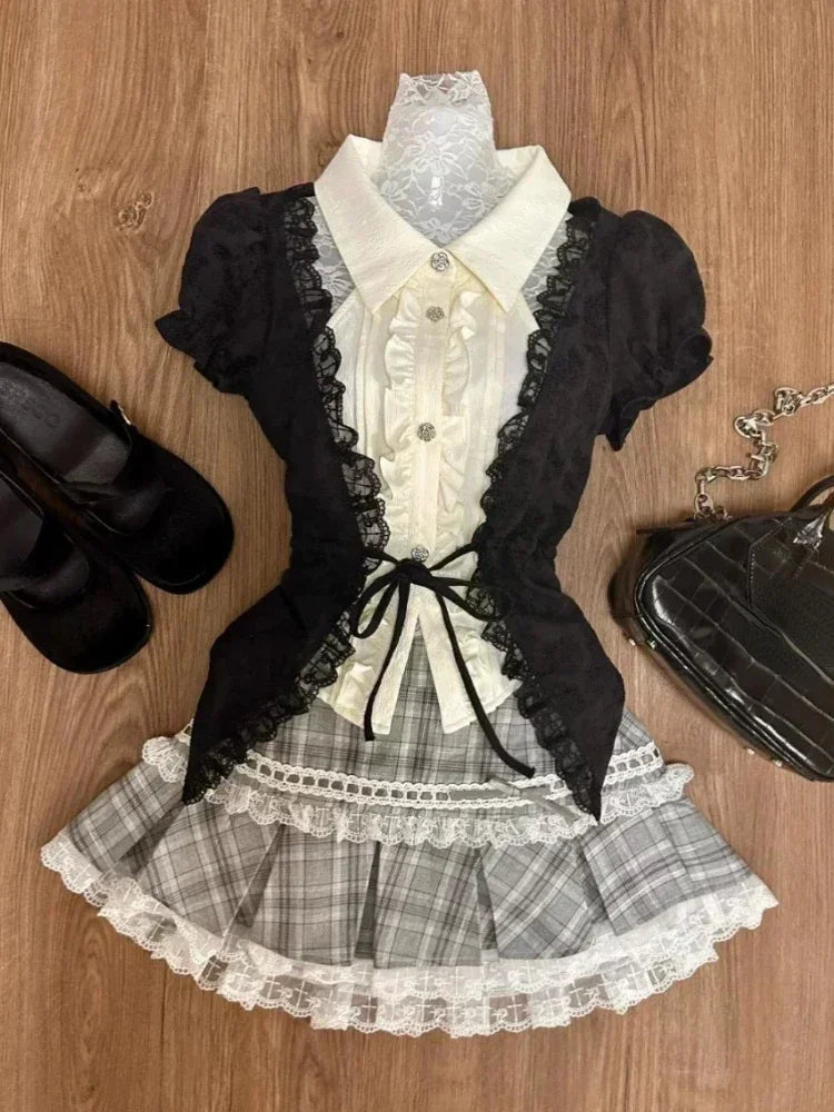 Jirai Kei Black Lace Bolero & Ivory Ruffle Blouse Plaid Skirt Set Shoptery