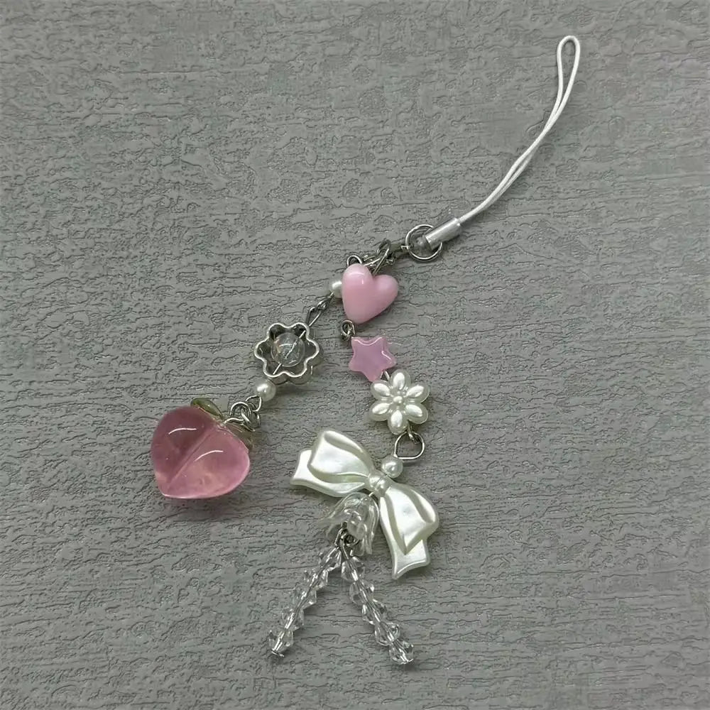 Fairy Kei White Lace Heart & Flower Bead Phone Strap Charm Shoptery