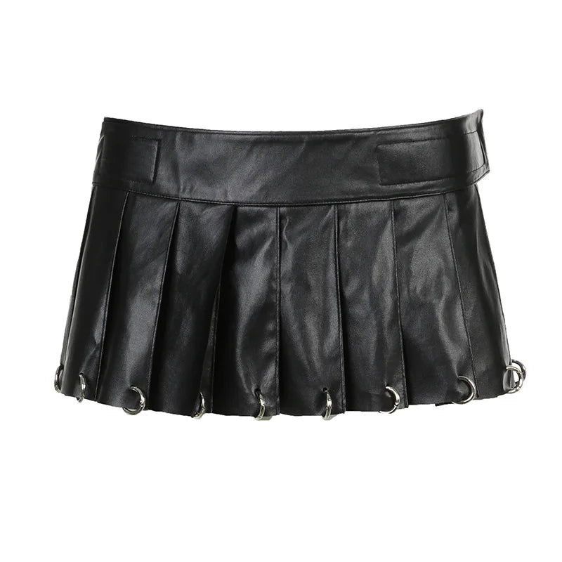 Visual Kei Spiked PU Leather Corset & Pleated Mini Skirt Set black One Size Shoptery