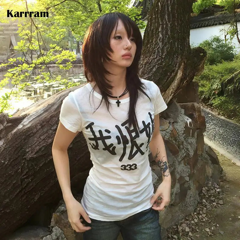 Visual Kei Chinese Character Print Baby Tee with Cross Necklace white Shoptery