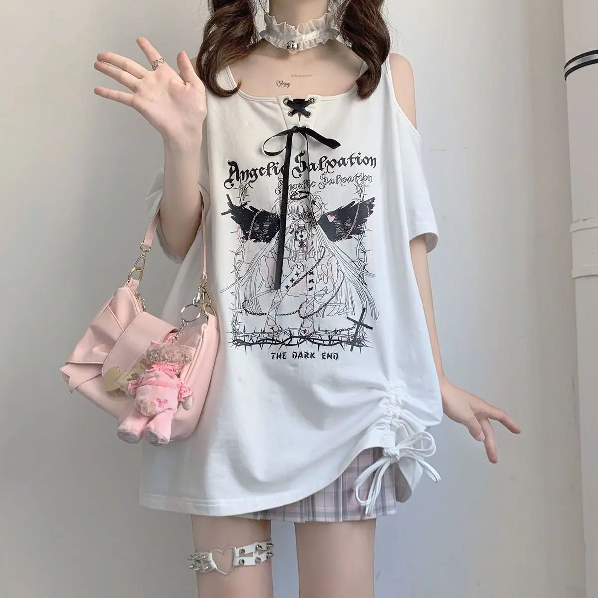 Jirai Kei Angelic Salvation Cold-Shoulder Lace-Up Mini Dress Set Shoptery