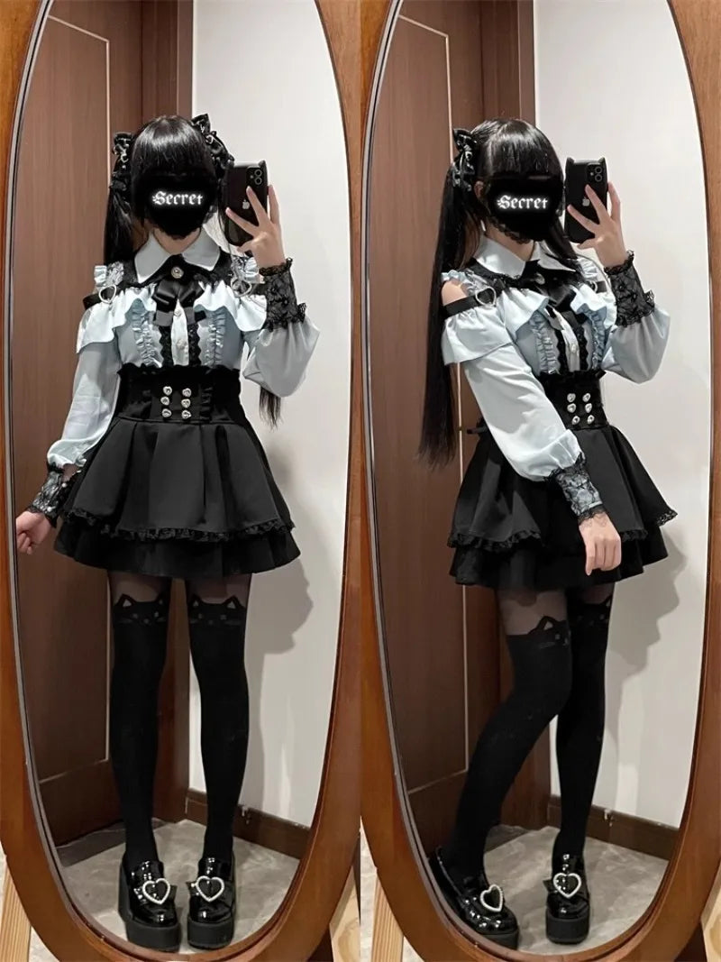 Jirai Kei Red Ruffle Blouse & Black Pleated Skirt Gothic Set Shoptery