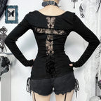 Visual Kei Off-Shoulder Cross Lace Panel Long Sleeve Top Shoptery