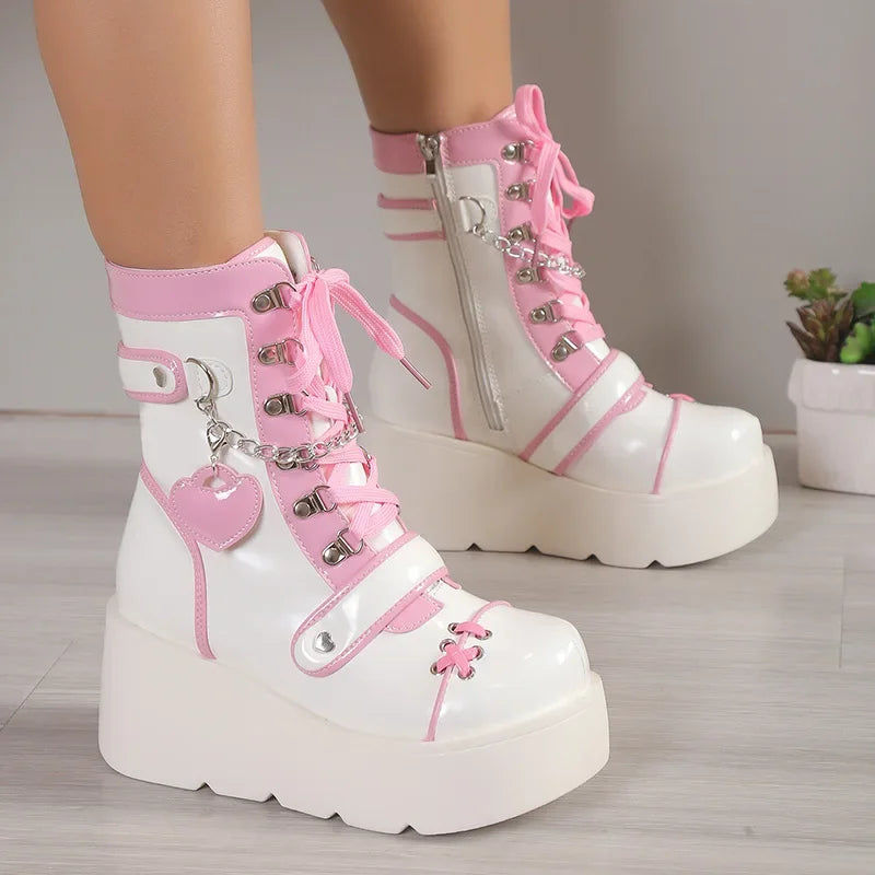 Jirai Kei Pink Heart Chain Platform Lace-Up Ankle Boots Shoptery