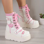 Jirai Kei Pink Heart Chain Platform Lace-Up Ankle Boots Shoptery