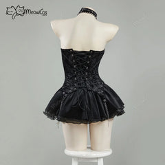 Visual Kei Black Brocade Lace-Up Corset Mini Dress with Cross Chains Shoptery