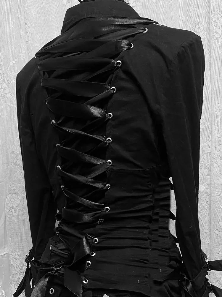 Visual Kei Black Multi-Buckle Strap Lace Collar Long Sleeve Shirt Shoptery