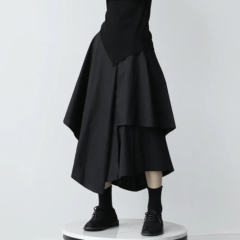 Mori Kei Asymmetric Layered Draped Midi Skirt in Black Shoptery