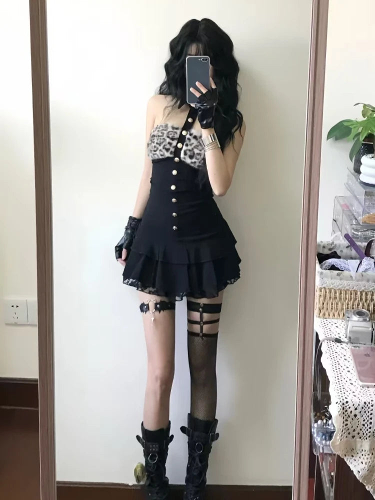 Gyaru Leopard Faux Fur Halter Mini Dress with Lace Ruffle Hem Secondary image