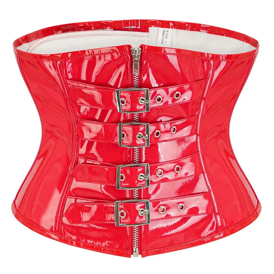 Visual Kei Black Patent PVC Underbust Corset with Buckles & Zipper Red Shoptery