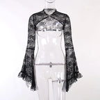 Visual Kei Black Brocade Corset Set with Lace Bell Sleeves & Floral Crown Shoptery