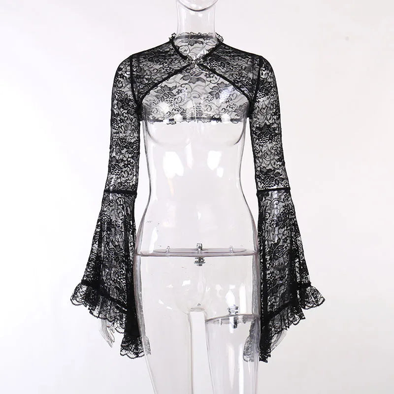 Visual Kei Black Brocade Corset Set with Lace Bell Sleeves & Floral Crown Shoptery
