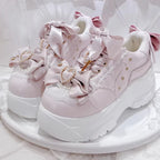 Jirai Kei Pearl Heart Bow Platform Sneakers in White Pink Shoptery