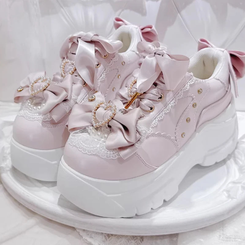 Jirai Kei Pearl Heart Bow Platform Sneakers in White Pink Shoptery