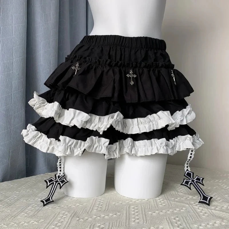 Jirai Kei Black White Ruffle Tiered Mini Skirt with Cross Charms All yards 21036-1 Black Cross Shoptery