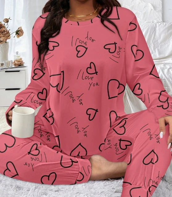 New Heart-Shaped Printed Long Sleeved Top and Pants Set