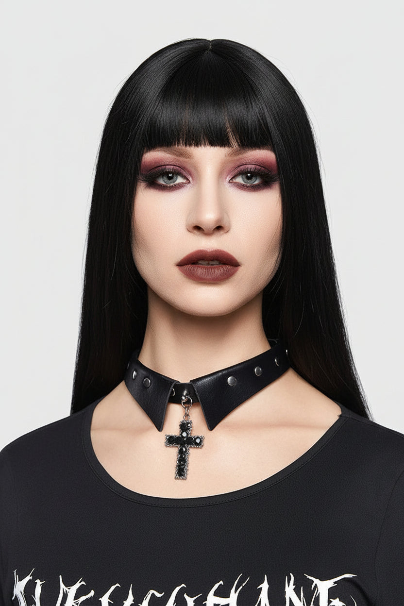 Visual Kei Studded Leather Collar Choker with Gothic Cross Pendant Shoptery