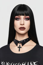 Visual Kei Studded Leather Collar Choker with Gothic Cross Pendant Shoptery