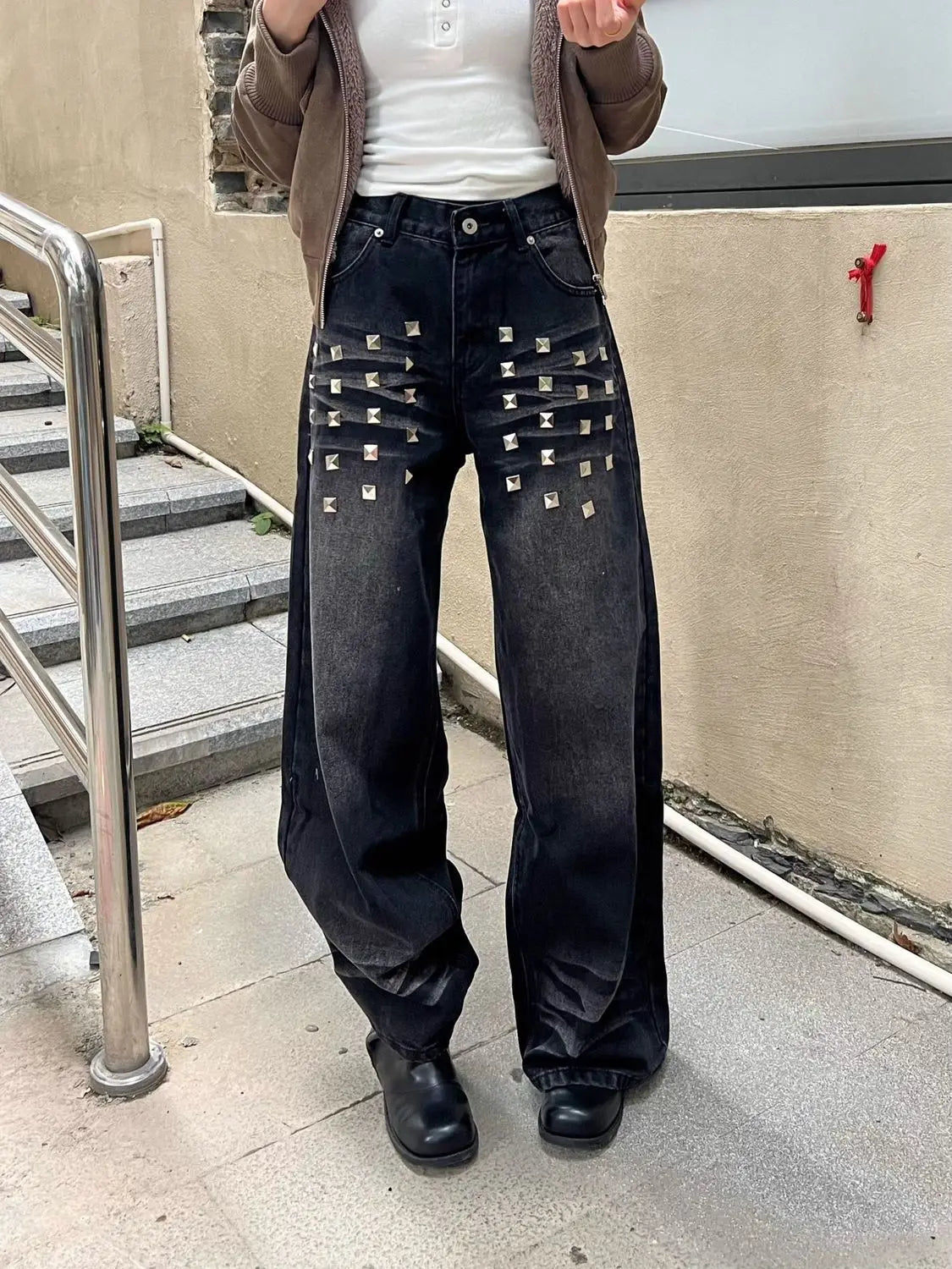 Washed Rivet Detail Wide Leg Jeans Shoptery