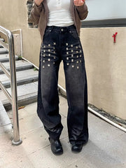 Washed Rivet Detail Wide Leg Jeans Shoptery